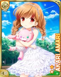 Rule 34 | 1girl, amari akari, bow, brown hair, card (medium), character name, closed mouth, cloud, dress, frills, girlfriend (kari), holding, lawn, nail polish, official art, outdoors, park, pout, qp:flapper, red eyes, shoes, sky, solo, standing, stuffed animal, stuffed toy, tagme, tree, white bow, white dress