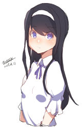 Rule 34 | 1girl, black hair, blush, breasts, closed mouth, collared shirt, dated, hair between eyes, hairband, long hair, looking at viewer, maze (gochama ze gohan), neck ribbon, original, puffy short sleeves, puffy sleeves, purple eyes, purple ribbon, ribbon, shirt, short sleeves, signature, simple background, sketch, small breasts, solo, upper body, very long hair, white background, white hairband, white shirt