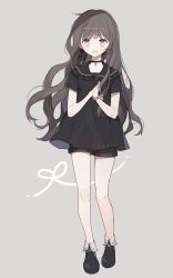 Rule 34 | 1girl, :d, bad id, bad pixiv id, black dress, black footwear, black hair, black sailor collar, black shorts, blush, boots, brown scrunchie, clip studio paint (medium), dress, frilled sailor collar, frills, full body, grey background, hands up, highres, long hair, looking at viewer, moffle (ayabi), open mouth, original, own hands together, red eyes, sailor collar, sailor dress, scrunchie, short shorts, short sleeves, shorts, shorts under dress, simple background, smile, solo, standing, very long hair, wrist scrunchie