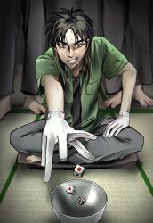 Rule 34 | 3boys, barefoot, black hair, black shirt, bowl, cheating (competitive), commentary request, dice, facial scar, feet, full body, gloves, green shirt, grey pants, grin, hand on own knee, highres, itou kaiji, kaiji, korean commentary, long hair, looking at viewer, male focus, medium bangs, multiple boys, pants, parted bangs, ron (ronkij777), sanpaku, scar, scar on cheek, scar on face, shirt, short sleeves, sitting, smile, solo focus, standing, sweat, tatami, undershirt, white gloves