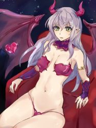 Rule 34 | 1girl, artist request, bare legs, bare shoulders, bat wings, bikini, blush, breasts, bridal gauntlets, curvy, demon girl, female focus, heart, lilim (taimanin asagi battle arena), long hair, looking at viewer, medium breasts, pointy ears, revealing clothes, shiny skin, simple background, sitting, smile, solo, swimsuit, taimanin (series), taimanin asagi, taimanin rpgx, thighs, thong, wings
