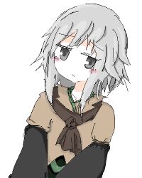 Rule 34 | 1other, androgynous, ascot, black shirt, blush stickers, brown ascot, brown jacket, closed mouth, commentary request, grey eyes, grey hair, houlen yabusame, jacket, kabocha tomato, layered sleeves, len&#039;en, long sleeves, lowres, no nose, oekaki, other focus, pale skin, shirt, short hair with long locks, short over long sleeves, short sleeves, simple background, sketch, solo, white background