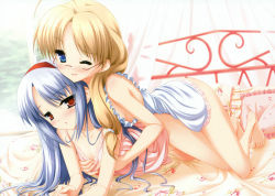 Rule 34 | 2girls, age difference, bed, blonde hair, blue eyes, blue hair, bottomless, breasts, flat chest, long hair, looking at viewer, multiple girls, red eyes, sideboob, wink, yuri