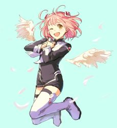 Rule 34 | 1girl, ahoge, black dress, bomssp, boots, brown eyes, dress, full body, hair ornament, jumping, looking at viewer, m.o.m.o., one eye closed, open mouth, pink hair, short dress, short hair, silver trim, simple background, smile, solo, thigh boots, thighhighs, white thighhighs, wings, xenosaga, zettai ryouiki