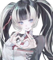 Rule 34 | 1girl, asymmetrical sleeves, black hair, blonde hair, blue eyes, blunt bangs, hashtag-only commentary, heart, heart hands, highres, hololive, hololive dev is, juufuutei raden, long hair, looking at viewer, multicolored hair, official alternate costume, simple background, smile, solo, streaked hair, suimin (sui 0y0), turtleneck, twintails, upper body, virtual youtuber, white background