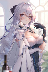 Rule 34 | 1girl, absurdres, alcohol, bare shoulders, black gloves, bottle, breasts, bronya zaychik, bronya zaychik (silverwing: n-ex), cleavage, closed mouth, cup, dress, drill hair, drinking glass, gloves, grey eyes, grey hair, hair between eyes, highres, holding, holding cup, honkai (series), honkai impact 3rd, indoors, large breasts, long hair, looking at viewer, single glove, single sleeve, sleeveless, sleeveless dress, solo, white dress, white sleeves, window, wine, wine bottle, wine glass, yelan xing xuan