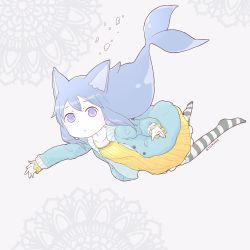 Rule 34 | 1girl, animal ears, artist name, black pantyhose, blue hair, blue sweater, bubble, cat ears, closed mouth, colored skin, diode (0 division), dress, fins, floating, full body, grey background, highres, long hair, long sleeves, looking at viewer, no shoes, original, outstretched arms, pantyhose, purple eyes, sidelocks, solo, striped clothes, striped pantyhose, sweater, white pantyhose, white skin, yellow dress