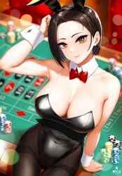 Rule 34 | 1girl, animal ears, arm up, armpits, artist logo, artist name, bare shoulders, black hair, black leotard, black pantyhose, blurry, blurry background, bow, bowtie, breasts, brown eyes, casino, cleavage, closed mouth, collarbone, detached collar, fake animal ears, highleg, highleg leotard, highres, indoors, infinote, large breasts, leotard, lips, looking at viewer, on table, original, pantyhose, playboy bunny, poker chip, rabbit ears, red bow, red bowtie, roulette table, short hair, signature, sitting, solo, table, thigh gap, thighband pantyhose, traditional bowtie, wrist cuffs, yashiki yuuko (infinote)