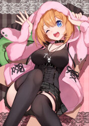 Rule 34 | 1girl, ;d, animal ears, animal hood, arms up, bison cangshu, black choker, black shirt, black skirt, black thighhighs, blue eyes, blush, breasts, choker, cleavage, collarbone, fake animal ears, feet out of frame, frilled pillow, frills, go-toubun no hanayome, hair between eyes, head tilt, heart, heart-shaped pillow, highres, hood, hood up, hooded jacket, jacket, medium breasts, nakano yotsuba, one eye closed, open clothes, open jacket, open mouth, orange hair, pillow, pink jacket, plaid, plaid background, pleated skirt, rabbit ears, rabbit hood, shirt, skirt, smile, solo, striped, striped background, studded choker, teeth, thighhighs, upper teeth only, vertical stripes