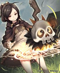 Rule 34 | 10s, 1girl, ahoge, bad id, bad pixiv id, bow, brown eyes, brown hair, cape, character request, grass, hair bow, len (a-7), magic circle, ponytail, shingeki no bahamut, short hair, skull, sky, smile, solo, staff, star (sky), starry sky