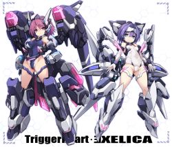 Rule 34 | 2girls, blue eyes, blue hair, breasts, crueltear, exelica, floating, hand on own hip, highres, karukan (monjya), leotard, mecha musume, multiple girls, open hands, red eyes, red hair, skin tight, small breasts, trigger heart exelica