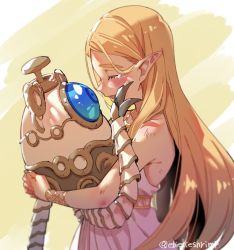 Rule 34 | 1girl, bare shoulders, blonde hair, blush, bracelet, closed eyes, comforting, commentary request, crying, dress, guardian (zelda), highres, holding, hug, hyrule warriors: age of calamity, jewelry, long hair, necklace, nintendo, open mouth, pointy ears, princess zelda, robot, shuri (84k), simple background, smile, tears, terrako, the legend of zelda, the legend of zelda: breath of the wild, twitter username, very long hair, white dress, wiping tears