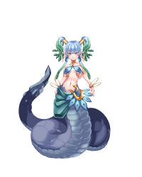 Rule 34 | 1girl, absurdres, blue hair, bracelet, closed mouth, commentary request, earrings, fangs, full body, gold, hand on own hip, highres, jewelry, lamia, looking at viewer, medusa (monster girl encyclopedia), midriff, monster girl, monster girl encyclopedia, navel, partial commentary, pointy ears, simple background, snake, snake hair, snake tail, sogegin, tail, twintails, white background, yellow eyes