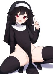 Rule 34 | 1girl, :d, arm support, black hair, black thighhighs, collar, commentary, commission, covered navel, english commentary, gluteal fold, groin, habit, hand up, highres, long sleeves, looking at viewer, mikoscrub, no panties, no shoes, nun, open mouth, original, pelvic curtain, red eyes, side slit, simple background, skindentation, smile, solo, spread legs, squatting, thighhighs, thighs, white background, white collar
