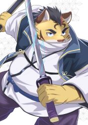 Rule 34 | 1boy, absurdres, animal ears, bara, commentary request, electricity, fat, fat man, furry, furry male, highres, hitachi (tamacolle), holding, holding sheath, holding sword, holding weapon, japanese clothes, male focus, multicolored hair, nazebesu, official alternate costume, sheath, streaked hair, sword, tamacolle, tiger boy, tiger ears, tiger stripes, weapon