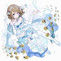 Rule 34 | 10s, 1girl, bad id, bad pixiv id, blue bow, blue eyes, blue skirt, blush, bow, breasts, brown hair, bubble, commentary, earrings, fish, full body, hair ornament, happy birthday, jewelry, koi ni naritai aquarium, looking at viewer, love live!, love live! school idol project, love live! sunshine!!, medium breasts, midriff, navel, short hair, sitting, skirt, smile, solo, syuri22, thighhighs, tiara, watanabe you, white thighhighs