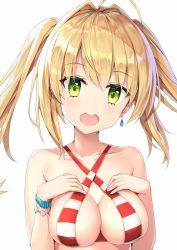 Rule 34 | 1girl, ahoge, bad id, bad pixiv id, bikini, blonde hair, bracelet, breasts, cleavage, collarbone, earrings, fate/grand order, fate (series), green eyes, hair intakes, halterneck, hands on own chest, highres, jewelry, long hair, looking at viewer, medium breasts, nero claudius (fate), nero claudius (fate) (all), nero claudius (swimsuit caster) (fate), open mouth, rin yuu, smile, solo, standing, striped bikini, striped clothes, swimsuit, upper body