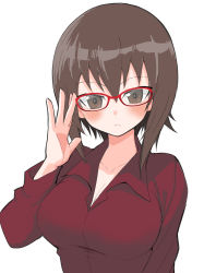 Rule 34 | 1girl, absurdres, adjusting eyewear, bespectacled, blush, breasts, brown eyes, brown hair, cleavage, closed mouth, commentary, dress shirt, frown, girls und panzer, glasses, highres, long sleeves, looking at viewer, medium breasts, nishizumi maho, one-hour drawing challenge, red-framed eyewear, red shirt, shirt, short hair, simple background, solo, upper body, white background, yabai gorilla
