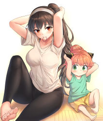 Rule 34 | 2girls, anya (spy x family), armpits, arms behind head, arms up, barefoot, black hair, black pants, blush, breasts, child, closed mouth, collarbone, covered navel, earrings, gold earrings, green eyes, green shirt, hair bun, hair tie, hair tie in mouth, hairband, highres, horn ornament, horns, jewelry, knee up, large breasts, long hair, looking at viewer, mother and daughter, mouth hold, multiple girls, on floor, pants, pink hair, ponytail, red eyes, shirt, shorts, single hair bun, sitting, smile, spy x family, t-shirt, tying hair, white hairband, white shirt, yellow shorts, yoga pants, yor briar, yougenko