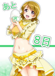 Rule 34 | 10s, 1girl, :d, blush, bowl, breasts, brown hair, collar, cowboy shot, crop top, earrings, food, frilled collar, frilled shirt collar, frills, highres, holding, idol, jewelry, koizumi hanayo, large breasts, love live!, love live! school idol festival, love live! school idol project, midriff, navel, open mouth, outline, purple eyes, rice, rice bowl, shirt, skirt, smile, solo, standing, stomach, tjk, yopparai oni