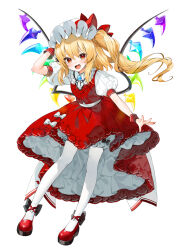 Rule 34 | 1girl, blonde hair, bloomers, blush, crystal, fang, flandre scarlet, frilled skirt, frills, full body, gotou (nekocat), hat, highres, long hair, mob cap, one side up, open mouth, pantyhose, pointy ears, puffy short sleeves, puffy sleeves, red eyes, red footwear, red skirt, red vest, shirt, shoes, short sleeves, simple background, skirt, smile, solo, touhou, underwear, vest, watermark, white background, white bloomers, white hat, white pantyhose, white shirt, wings, wrist cuffs