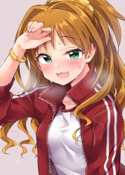 Rule 34 | 1girl, :3, blush, breasts, brown hair, collarbone, dot nose, green eyes, hair ornament, hair scrunchie, hand on own forehead, heavy breathing, high ponytail, hino akane (idolmaster), idolmaster, idolmaster cinderella girls, idolmaster cinderella girls starlight stage, jacket, long hair, long sleeves, looking at viewer, medium breasts, open clothes, open jacket, open mouth, pink background, red jacket, red trim, scrunchie, shirt, simple background, smile, solo, sweat, track jacket, track suit, trente, upper body, white shirt, yellow bracelet, yellow scrunchie, zipper