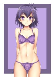 Rule 34 | 10s, 1girl, arcie albano, arms at sides, blush, bra, breasts, collarbone, cowboy shot, gabriel dropout, hair ornament, navel, panties, purple background, purple bra, purple eyes, purple hair, purple panties, short hair, shy, small breasts, smile, solo, stomach, thighs, topknot, underwear, underwear only, vignette tsukinose april, x hair ornament