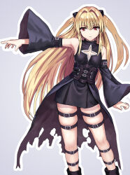 Rule 34 | absurdres, blonde hair, cape, dress, hair intakes, highres, konjiki no yami, leg belt, long hair, niwano 7hoshi, pointing, pointing to the side, red eyes, short dress, tagme, to love-ru, torn cape, torn clothes, very long hair
