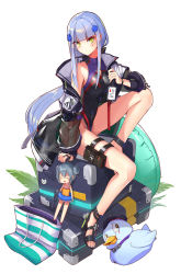 Rule 34 | 1girl, assault rifle, bag, bare shoulders, beret, black footwear, black hat, blunt bangs, blush, box, breasts, bullpup, case, caseless firearm, character name, closed eyes, commentary request, competition swimsuit, double bun, facial mark, g11 (girls&#039; frontline), girls&#039; frontline, green eyes, groin, gun, h&amp;k g11, hair bun, hair ornament, hat, high heels, highres, hk416 (girls&#039; frontline), horizontal magazine, innertube, jacket, knee up, large breasts, long hair, looking at viewer, multicolored clothes, multicolored swimsuit, name tag, one-piece swimsuit, open clothes, open jacket, palm leaf, pouch, ranyu, rifle, sandals, see-through, silver hair, simple background, solo, swim ring, swimsuit, teardrop, thigh strap, thighs, very long hair, weapon, white background, wristband