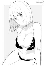 Rule 34 | 1girl, adjusting clothes, adjusting swimsuit, arm support, bikini, breasts, cleavage, closed mouth, collarbone, greyscale, halterneck, kichihachi, large breasts, legs together, light smile, medium hair, mole, mole under mouth, monochrome, original, outside border, simple background, sitting, solo, swimsuit, twitter username
