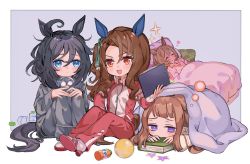 Rule 34 | 4girls, ahoge, alarm clock, animal ears, ball, bed, black hair, blue eyes, book, border, bottle, brown hair, character request, check character, clipboard, clock, commentary request, drooling, eishin flash (umamusume), holding, holding clipboard, horse ears, horse girl, horse tail, king halo (umamusume), long hair, looking at viewer, medium hair, mouth drool, multiple girls, open mouth, outside border, pajamas, purple eyes, raised eyebrows, shoes, sitting, sleeping, sparkle, sweep tosho (umamusume), tail, track suit, umamusume, under covers, white border, yoshida (ne)