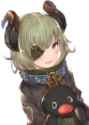 Rule 34 | 1girl, nanashi inc., :d, bad id, bad pixiv id, black coat, blue eyes, blush, chain, coat, curled horns, hugging doll, eyepatch, green hair, hanarito, high collar, honey strap, horns, long hair, long sleeves, looking at viewer, hugging object, open mouth, sekishiro mico, simple background, smile, solo, stuffed animal, stuffed penguin, stuffed toy, transparent background, upper body, virtual youtuber, white background
