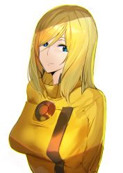 Rule 34 | 1girl, ashiomi masato, blonde hair, blue eyes, breasts, closed mouth, guilty gear, guilty gear strive, long hair, looking at viewer, millia rage, simple background, smile, solo, white background
