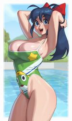 Rule 34 | 1girl, absurdres, armpits, arms up, blue eyes, blue hair, blue sky, blurry, blurry background, blush, bow, breasts, character print, cleavage, commentary, day, english commentary, from side, glasses, green one-piece swimsuit, hair bow, high ponytail, highleg, highleg swimsuit, highres, hinata aki, keroro, keroro gunsou, large breasts, long hair, looking at viewer, mature female, one-piece swimsuit, open mouth, outdoors, ponytail, pool, red bow, riz, round eyewear, skindentation, sky, smile, solo, star (symbol), star print, swimsuit, teeth, thick thighs, thighs, tree, twisted torso, upper teeth only, water