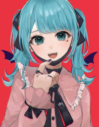Rule 34 | 1girl, :d, bat wings, black choker, black nails, black ribbon, blunt bangs, blush, choker, collar, commentary request, eyebrows hidden by hair, facing viewer, fang, frilled choker, frilled collar, frills, goth fashion, green eyes, green hair, hair ribbon, hatsune miku, head tilt, heart, heart-shaped ornament, heart-shaped pupils, jewelry, jirai kei, long hair, looking at viewer, mask, mask pull, mouth mask, nail polish, open mouth, pink collar, pink shirt, pulled by self, red background, ribbon, ring, shirt, sidelocks, signature, simple background, sleeves past wrists, smile, solo, symbol-shaped pupils, tananuki, teeth, twintails, upper teeth only, vampire, vampire (vocaloid), vocaloid, wings