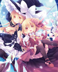 Rule 34 | 2girls, :d, alternate costume, anna (small night), arm up, ascot, black dress, black legwear, blonde hair, boots, bouquet, bow, braid, broom, brown footwear, brown legwear, closed mouth, commentary request, cross-laced clothes, cross-laced footwear, dress, fang, flandre scarlet, floral print, flower, frilled skirt, frilled sleeves, frills, full moon, hair between eyes, hair bow, hair flower, hair ornament, hair ribbon, holding hands, hat, hat bow, holding, holding bouquet, holding flower, interlocked fingers, kirisame marisa, knees up, lace-up boots, long hair, long sleeves, looking at viewer, moon, multiple girls, neck ribbon, night, no headwear, no headwear, one side up, open mouth, outdoors, pantyhose, petals, pink flower, pink rose, print legwear, purple bow, red bow, red eyes, red footwear, red ribbon, red skirt, red vest, ribbon, rose, shirt, shoes, side braid, skirt, skirt set, smile, touhou, tulip, vest, white bow, white shirt, wings, witch hat, yellow eyes, yellow neckwear