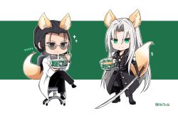 2boys armor black_coat black_footwear black_hair black_pants boots border chest_sarashi chibi chopsticks closed_mouth coat collared_shirt crossed_legs eating father_and_son final_fantasy final_fantasy_vii final_fantasy_vii_rebirth final_fantasy_vii_remake food fox_boy fox_tail green_background green_eyes grey_eyes grey_hair grey_shirt holding holding_chopsticks holding_food holding_sword holding_weapon instant_udon jacket kemonomimi_mode lab_coat long_coat long_hair low_ponytail male_focus masamune_(ff7) multiple_boys nanao_(zonzonsh) nissin_donbei noodles official_alternate_animal_ears pants parted_bangs pauldrons professor_houjou round_eyewear sarashi sephiroth shirt shoes shoulder_armor sitting slit_pupils smile sparkle standing sunglasses sword tail tail_wagging twitter_username weapon white_border white_jacket