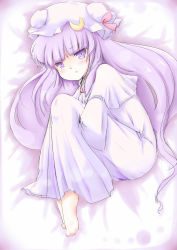 Rule 34 | 1girl, :t, barefoot, blush, capelet, coo (coonekocoo), crescent, dress, female focus, fetal position, full body, hat, highres, hugging own legs, long hair, lying, on side, patchouli knowledge, plantar flexion, pout, purple dress, purple eyes, purple hair, solo, striped clothes, striped dress, touhou