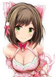 Rule 34 | 1girl, arms behind back, bare shoulders, bell, bow, bowtie, breasts, brown hair, cat tail, cleavage, closed mouth, collar, collarbone, detached collar, detached sleeves, dress, green eyes, hair bow, hair ribbon, idolmaster, idolmaster cinderella girls, jingle bell, leaning forward, light blush, looking at viewer, maekawa miku, medium breasts, medium hair, nannacy7, neck bell, off-shoulder dress, off shoulder, pink bow, pink collar, pink dress, pink sleeves, red bow, red bowtie, red ribbon, ribbon, short sleeves, simple background, smile, solo, swept bangs, tail, upper body, white background