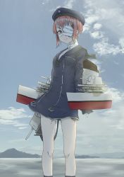 Rule 34 | 1girl, amputee, bandage over one eye, bandages, breasts, brown eyes, brown hair, clothes writing, cloud, day, dress, hat, highres, injury, kantai collection, long sleeves, machinery, mechanical parts, mountain, nito (nshtntr), ocean, outdoors, rigging, sailor collar, sailor dress, sailor hat, short hair, sky, small breasts, smile, socks, solo, water, z3 max schultz (kancolle)