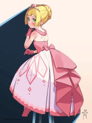 Rule 34 | 1girl, bare arms, blonde hair, blunt bangs, blush, bow, braid, clenched hand, closed mouth, commentary request, cosplay, creatures (company), diantha (pokemon), diantha (pokemon) (cosplay), diantha (sygna suit) (pokemon), dress, earrings, full body, game freak, gloves, green eyes, hand up, highres, jewelry, kinocopro, lillie (pokemon), looking to the side, nintendo, pink bow, pink dress, pink gloves, pokemon, pokemon masters ex, pokemon sm, shoulder blades, solo, tiara