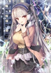 Rule 34 | 1girl, alternate costume, azur lane, blush, breasts, coat, commentary request, dress, earmuffs, formidable (azur lane), frills, grey hair, large breasts, long hair, long sleeves, looking at viewer, madotsukumo, red eyes, ribbon, scarf, smile, solo, sweater, twintails, very long hair