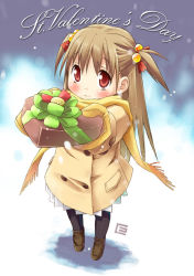 Rule 34 | 1girl, black pantyhose, blush, buttons, candy, chocolate, chocolate heart, coat, double-breasted, english text, eretto, food, gloves, heart, incoming gift, looking at viewer, no pupils, original, pantyhose, ribbon, scarf, solo, valentine