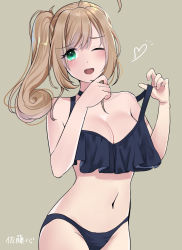 1girl, black choker, blonde hair, blue swimsuit, blush, breasts, choker, cleavage, eyebrows visible through hair, feet out of frame, green eyes, hair ribbon, hand up, highres, idolmaster, idolmaster cinderella girls, kia, long hair, looking at viewer, medium breasts, navel, one eye closed, open mouth, ribbon, satou shin, simple background, solo, swimsuit, swimsuit pull, swimwear