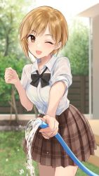 Rule 34 | 1girl, ;d, aiba yumi, black bow, black bowtie, blonde hair, bow, bowtie, brown eyes, brown skirt, commentary request, commission, cowboy shot, highres, holding, holding hose, hose, idolmaster, idolmaster cinderella girls, looking at viewer, one eye closed, open mouth, plaid, plaid skirt, pleated skirt, q-v (levia), school uniform, shirt, short hair, skeb commission, skirt, smile, solo, wet, wet clothes, white shirt