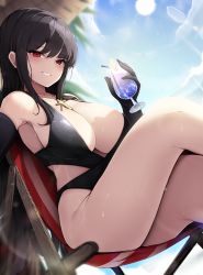 Rule 34 | 1girl, absurdres, armpits, bare legs, bare shoulders, beach chair, black gloves, black hair, black one-piece swimsuit, clothing cutout, copyright request, cup, day, ddangbi, drinking glass, elbow gloves, gloves, grin, highleg, highleg swimsuit, highres, holding, jewelry, long hair, looking at viewer, lying, necklace, novel illustration, official art, on back, one-piece swimsuit, original, outdoors, reclining, red eyes, side cutout, sidelocks, smile, solo, sun, sunlight, sweat, swimsuit, thighs, tropical drink, very long hair