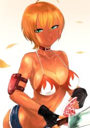 Rule 34 | 1girl, bikini, bikini top only, black gloves, blonde hair, blue eyes, breasts, cleavage, dark skin, dark-skinned female, fingerless gloves, food, gloves, hanamasa ono, highres, holding, holding knife, knife, large breasts, licking lips, looking at viewer, meat, mito ikumi, shokugeki no souma, short hair, simple background, solo, swimsuit, tongue, tongue out