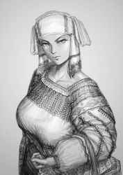 Rule 34 | 1girl, absurdres, bad id, bad twitter id, bag, breasts, dress, expressionless, grey background, greyscale, hat, highres, large breasts, long sleeves, looking at viewer, monochrome, original, solo, upper body, wass nonnam