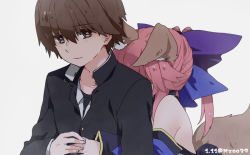 Rule 34 | 1boy, 1girl, animal ear fluff, animal ears, artist name, bare shoulders, black shirt, blue bow, bow, brown eyes, brown hair, commentary request, detached sleeves, fate/extra, fate/extra ccc, fate (series), fingernails, fox ears, fox girl, fox tail, hair between eyes, hair bow, hetero, holding hands, hug, hug from behind, kishinami hakuno (male), long hair, long sleeves, osakana (rrg0123), pink hair, shirt, sidelocks, split ponytail, tail, tamamo (fate), tamamo no mae (fate/extra), tsukumihara academy uniform (fate/extra ccc), twitter username, upper body, white background