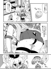 Rule 34 | ass, bent over, blush, butt crack, closed eyes, comic, cookie, curtains, elbow gloves, food, gloves, greyscale, japanese clothes, kantai collection, kariginu, long hair, microskirt, monochrome, open mouth, pleated skirt, rensouhou-chan, ryuujou (kancolle), school uniform, serafuku, shimakaze (kancolle), shirt, skirt, sleeveless, sleeveless shirt, smile, striped clothes, striped legwear, striped thighhighs, sweat, thighhighs, thong, torn clothes, translation request, twintails, visor cap, window, yuuutsu shan